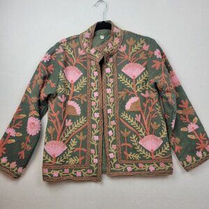 Suzani Hand Embroidered Short Jacket Womens Small Winter Wear Coat BOHO Floral